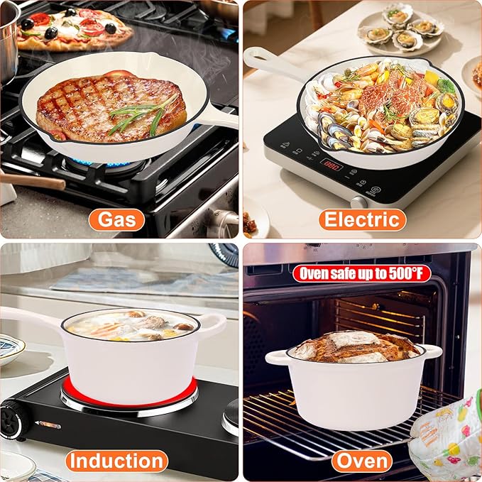 QuliMetal Nonstick Enameled Cast Iron Cookware Set 5 Pcs Pots and Pans with Lid Skillet Frying Pan Saucepan &amp Dutch Oven for All Stovetops PFA Free - Ideal for Sourdough Bread Baking