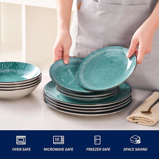 Bestone 12-Piece Round Porcelain Dinnerware Set Service for 4 Chip Resistant Plates and BowlsGreen Dishwasher &amp Microwave Safe for Home Daily Use