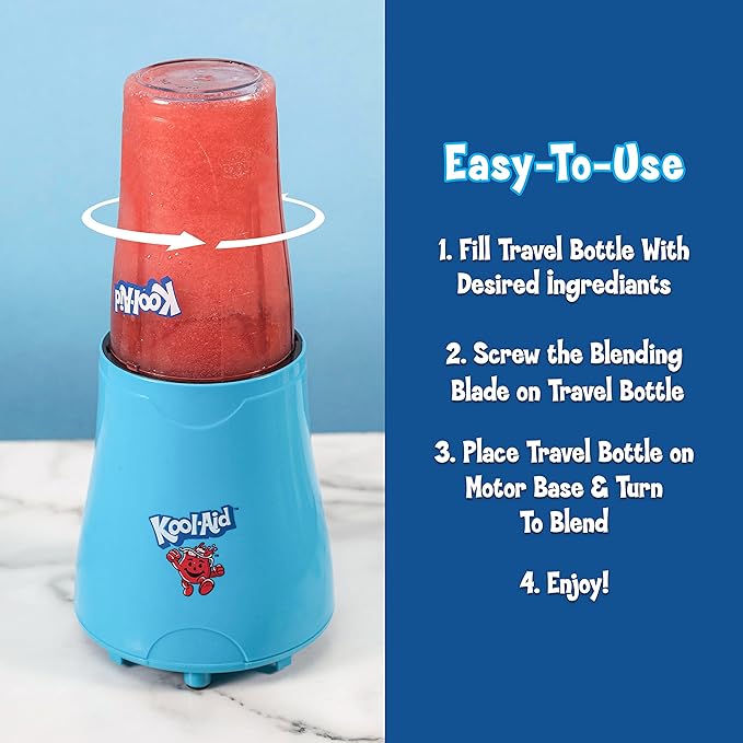 Nostalgia Kool-Aid Slush ‘N Go Personal Blender for Smoothies Slushies Shakes and Fruit Blends Includes Two 15 Oz Travel Bottles Cup Lid and Reusable Straw Blue