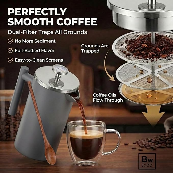 Barista Warrior French Press Coffee Maker Stainless Steel with Built-In Thermometer - Insulated Double Wall Design Dual Filter System Stay-Cool Handle &amp Wood Spoon - Grey