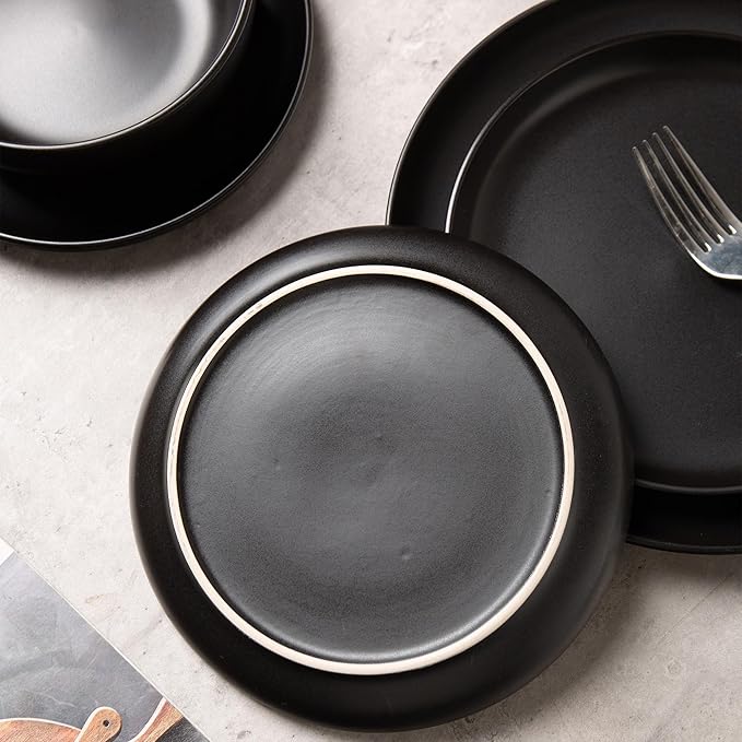 12-Piece Stoneware Dinnerware Set with Mugs | Microwave and Dishwasher Friendly | Stackable Matte Glaze Plates &amp Bowls | Service for 3 (Black for 4)