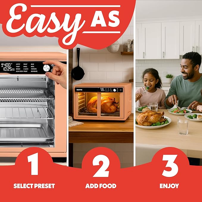 Gourmia French Door Air Fryer Oven - 37 Qt Large Capacity Convection Toaster Oven FryForce 360° Digital Display 12 Cooking Presets Dehydrate Fits 13” Pizza Dishwasher-Safe Peach