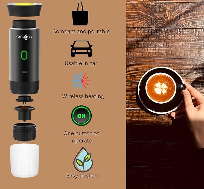 Sm4rt Battery Operated Coffee Maker 3 in 1 Portable Coffee Maker 12v Coffee Maker for Car Cafetera Portable USB Espresso Travel Espresso Maker NS Capsule Dolce Gusto Ground Powder (White)