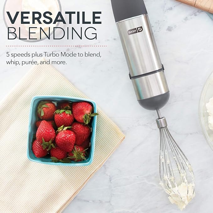 Dash Chef Series Immersion Hand Blender 5 Speed Stick Blender with Stainless Steel Blades Whisk Attachment and Recipe Guide – Cool Grey