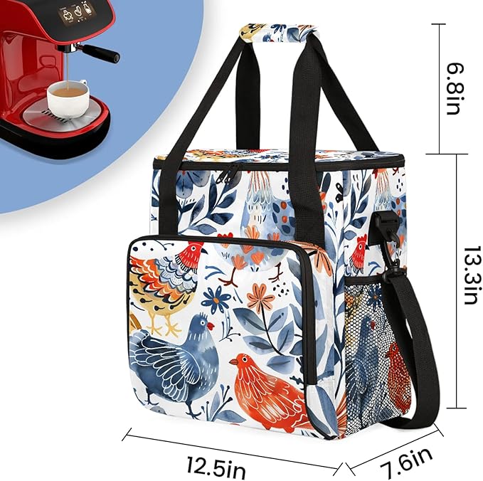 Cute Chicken Coffee Maker Carring Bag Large Insulated Storage Organizer Case Tote Bags with Shoulder Strap for Travel Work Picnic
