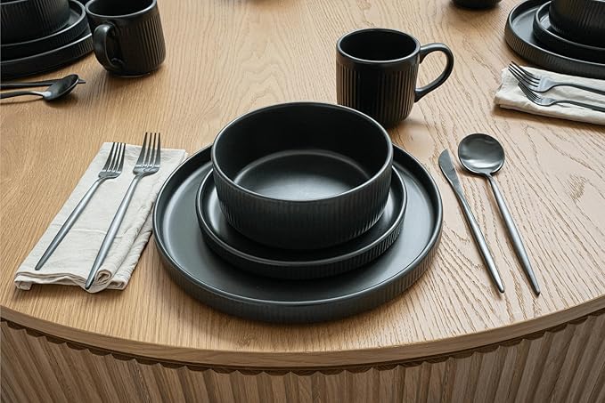 16 Piece Dinnerware Set Key West - Plates Bowls and Mugs Set for 4 - Chip and Scratch Resistant Microwave and Dishwasher Safe Tableware 16 Pieces Ribbed Dishes