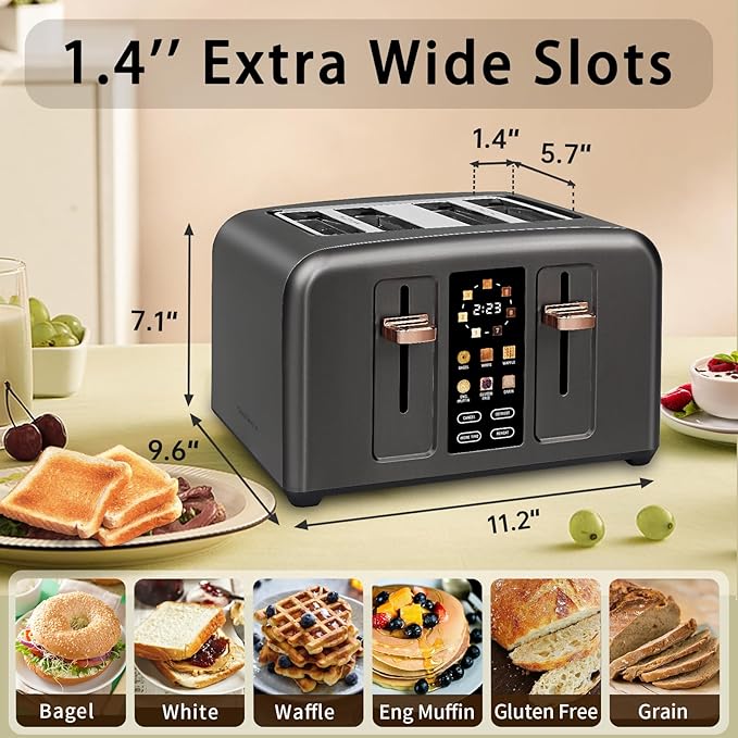 SEEDEEM Toaster 4 Slice Full Touch control Toaster LCD Display 6 Bread Type 7 Shade Settings 1.4''Wide SlotsMore Time Function Removable Crumb Tray 1800W Dark Metallic