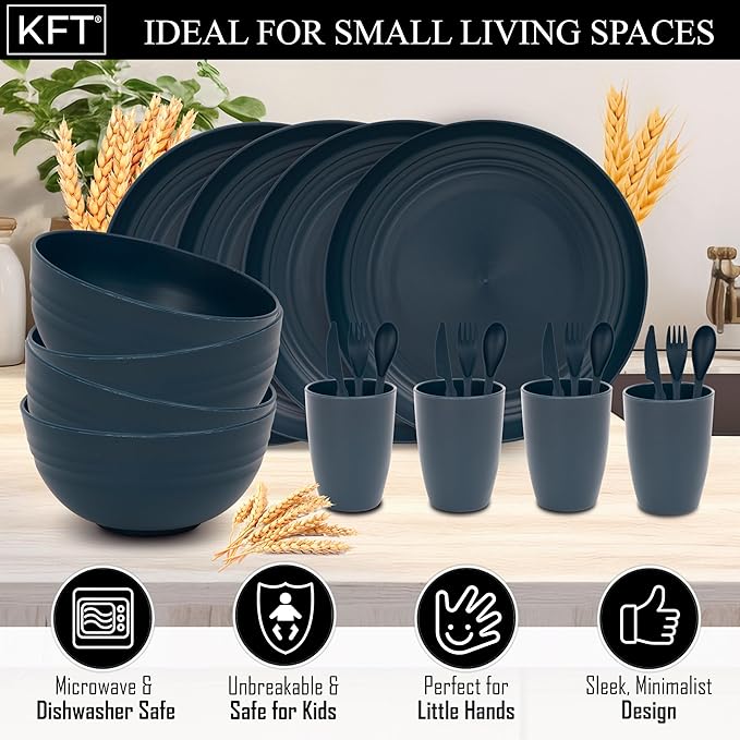 Wheat Straw Dinnerware Sets for 4 - KFT Lightweight &amp Unbreakable Dishes Microwave &amp Dishwasher Safe Perfect for Camping Picnic RV Dorm Plates Cups and Bowls (Blue 24pc)