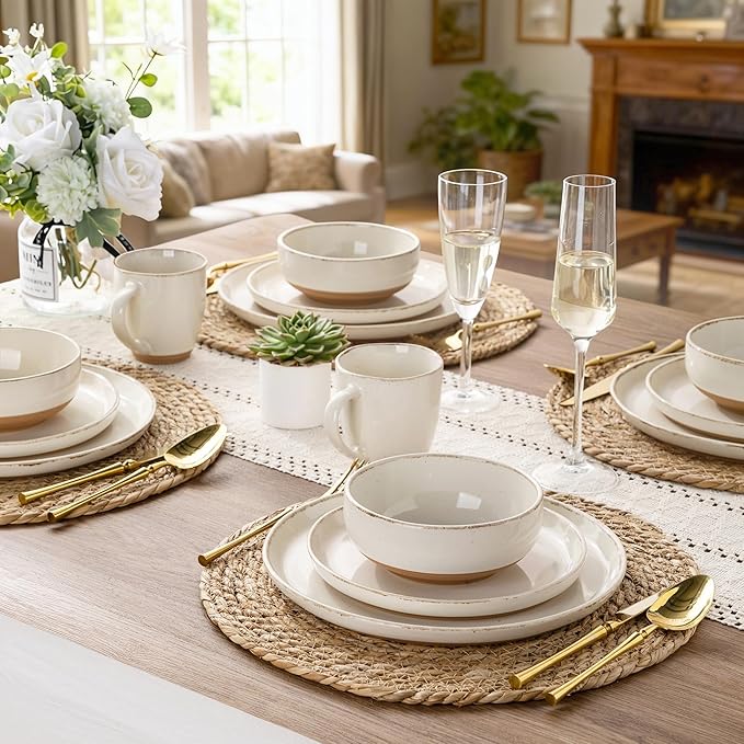 AmorArc Dinnerware Sets with Pasta Bowls for 4 Handpainted Stoneware Plates and Bowls Set with Rustic Terracotta Underside Scratch Resistant Dishes Set Dishwasher &amp Microwave Safe 16 Pcs