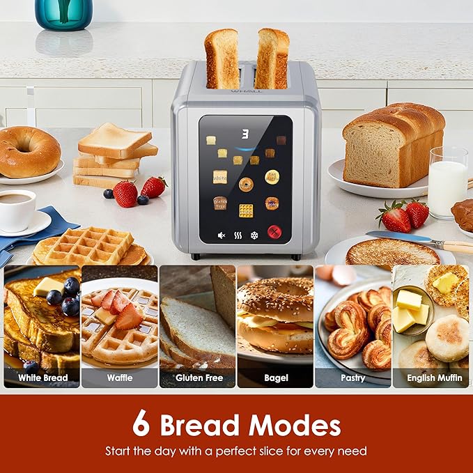 WHALL Full Touch Screen Toaster 2 Slice 1.5'' Wide Slot Stainless Steel Toaster with Digital Timer 6 Bread Types &amp 6 Shade Settings Crumb Tray Reheat/Defrost Smart Toasters for Bagels Silver