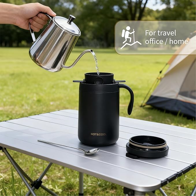 Pour Over Coffee Maker Set 16oz Stainless Steel Insulated Mug Foldable Filter for Camping Travel Office (Black)