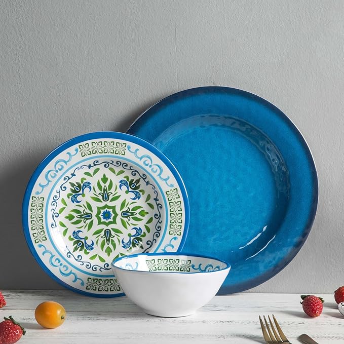 Melamine Dinnerware Sets 12 Pcs Melamine Plates Party Plates and Bowls Sets Camping Dishes Set for 4 Unbreakable BPA-Free Dishwasher Safe （Green flowers）
