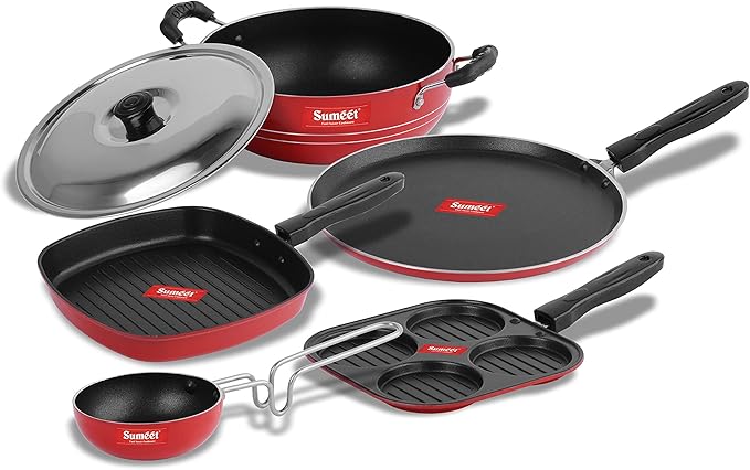 Sumeet Aluminium Dosa Tawa Multi Snack Maker Grill Pan And Kadhai With Lid Tadka Pan Cookware Set 1.1 L 1 Dosa Tawa1 Mini Multi Snack Maker1 Kadhai With Lid1 Grill Pan1 Tadka Pan (Red)