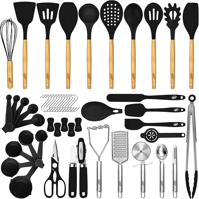 Kaluns 50 PCS Silicone Kitchen Utensils Set Complete Kitchen Set - 800°F Heat Resistant Non-Stick Premium Cooking Utensils W Wooden Handles - Can Opener Masher Turner Silicone Spatula Set
