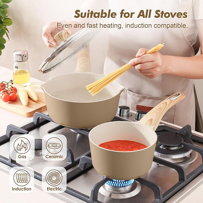 SENSARTE Ceramic Nonstick Sauce Pan with Lid 1.5 Quart Small Saucepan Cooking Pot with Stay Cool Handle Non toxic Kitchen Sauce Pot Non stick Saucier Pan Induction Pot PFOA PTFE PFAS PFOA Free