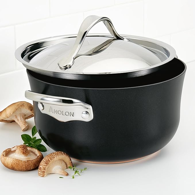 Anolon 83878 Nouvelle Copper Luxe Hard Anodized Nonstick Dutch Oven/Stockpot/Saucepan with Stainless Steel Lid/Induction Suitable/Dishwasher Safe - 4 Quart Onyx Black