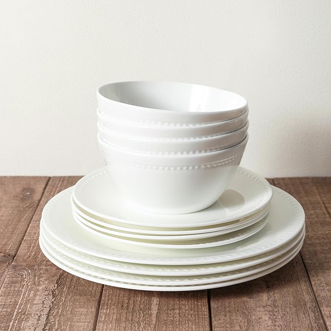 Stone lain Bone China Pinpoint Embossed 32 Piece Dinnerware Set White