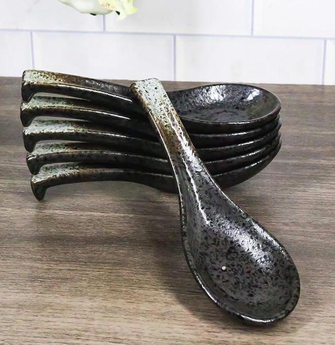 Ebros Gift Artistic Charcoal Grey Tone Hakumu Ceramic Collection Dinnerware Serveware Kitchenware Set Asian Japanese Restaurant Supply (Pack Of 6 Ladle Hook Style Soup Spoons)