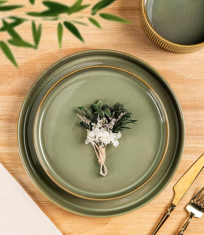 TheTerra Ceramic Dinnerware Sets with Pasta Bowls for 4 16 Pieces Porcelain Lightweight Plates and Bowls Sets Scratch Resistant Dish Set Oven &amp Microwave &amp Dishwasher Safe Sage Umber