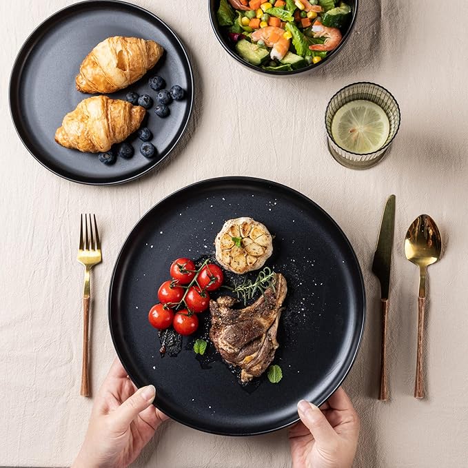 AmorArc Ceramic Dinnerware Sets Wavy Rim Stoneware Plates and Bowls SetsDishwasher &amp Microwave &amp Oven Safe Dishes set Service for 4 (12pc)-Matte Black