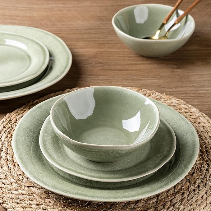 AmorArc Ceramic Dinnerware Sets Handmade Stoneware Reactive Glaze Plates and Bowls Set Scratch Resistant | Dishwasher &amp Microwave Safe Dishes Set Service for 4 (12pc)