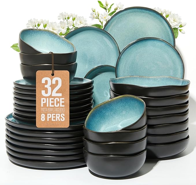32 Piece Dinnerware Set for 8 with Pasta Bowls Green Black Reactive Glaze Stoneware | All‑in‑One Host Set for Entertaining Holiday Meals Multi‑Course Dinners | Unique Irregular Coastal Look