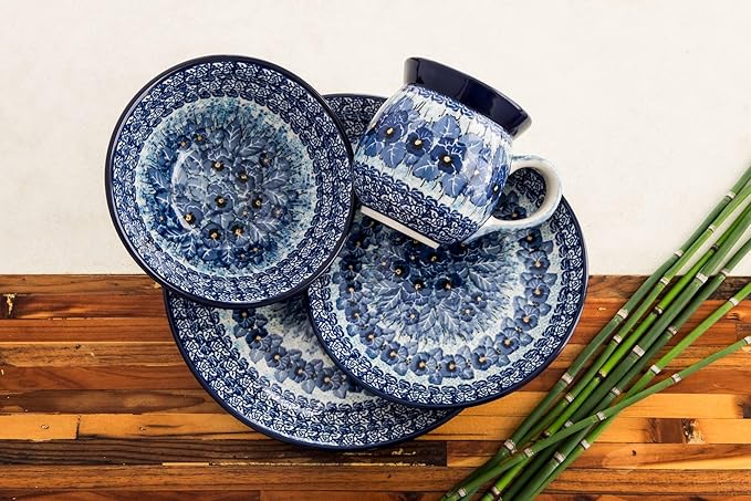 Blue Rose Polish Pottery - Blue Joanna 4 PC Place Setting - Service for 1-1 Place Setting - Great for Everyday Dining Casual Dining or as Formal Dinnerware