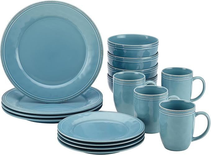 Rachael Ray Cucina Dinnerware 16-Piece Stoneware Dinnerware Set Agave Blue