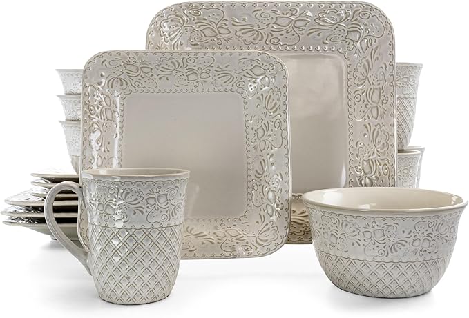 Elama Ivory Lotus 16 Piece Square Dinnerware Set