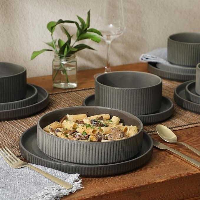 Gibson Elite Deerfield 16-Piece Stoneware Dinnerware Set – Soft Grey Reactive Glaze Stackable Plates and Bowls Service for 4 – Microwave &amp Dishwasher Safe