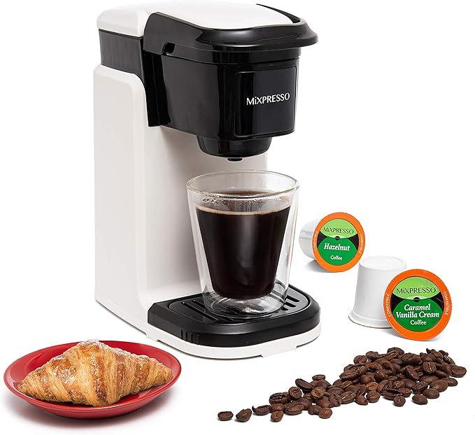 Mixpresso White Single Serve Coffee Maker for K Capsule Compact Mini Coffee Maker 800 Watt Coffee Machine for Pods or Ground Fast Brew Auto Shut Off 12 Oz Brew Size for Travel Office RV and Dorm