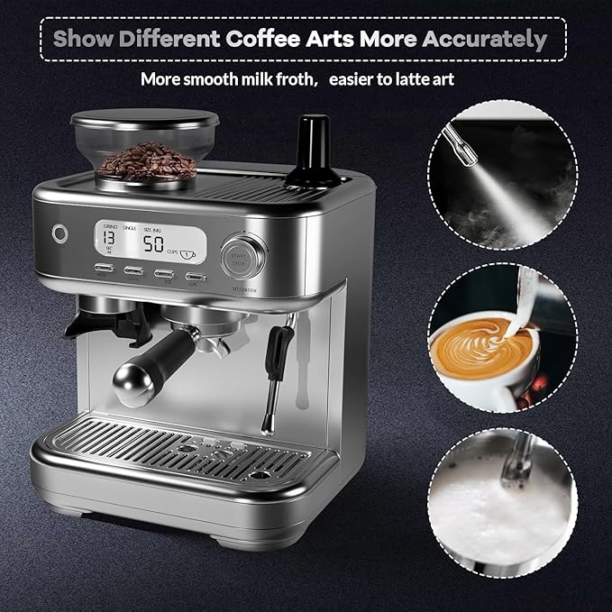 Espresso Machine 20 Bar Machine with Grinder - Professional Cappuccino and Latte Maker with Powerful Milk Frother for Home Barista LCD Display Single &amp Double Cup Stainless Steel Coffee Maker