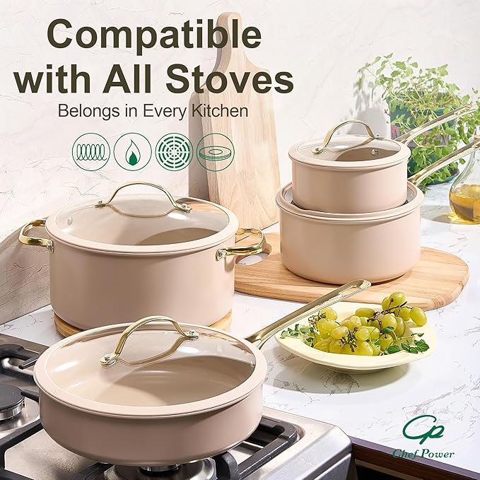 Chef Power Ceramic Cookware Sets 10Pcs Pots and Pans Set Non Stick Cookware Set with Stainless Steel Handle Dishwasher &amp Oven Safe Taupe and Light Gold Handle