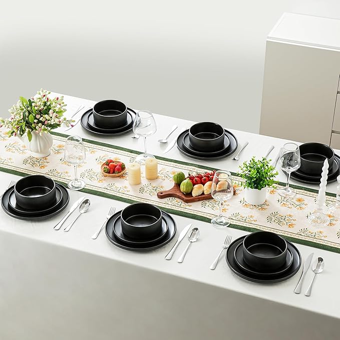 Plates and Bowls Sets 12 Piece Ceramic Dinnerware Set for Family and Gatherings Dishes Set for 4 Dishwasher &amp Microwave Safe Handcrafted Stoneware Sets Modern Black