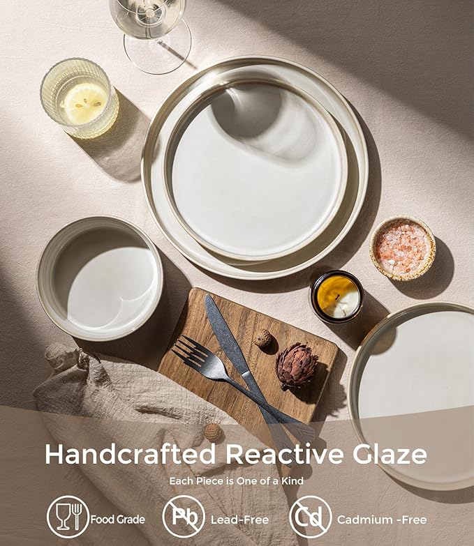 GBHOME 12-Piece Stoneware Dinnerware Set for 4 – Ribbed Ceramic Plates and Bowls Scratch-Resistant Microwave &amp Dishwasher Safe Reactive Glaze Oatmeal Veil