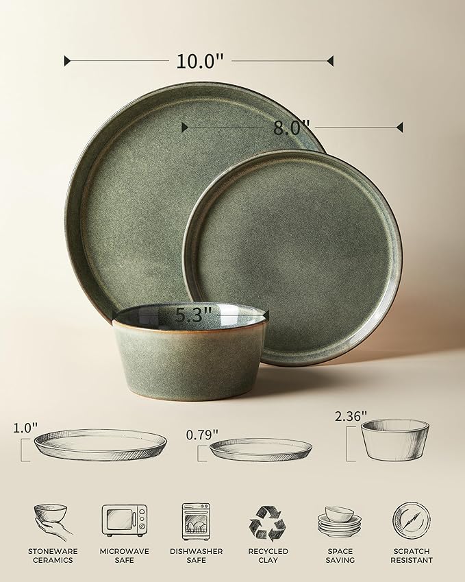 Dinnerware Sets Microwave Safe Plates and Bowls Sets Dishes Set for 4 Chip &amp Scratch Resistant Dinner Set Reactive Glazed Farmhouse Dishware Sets Green Wheat