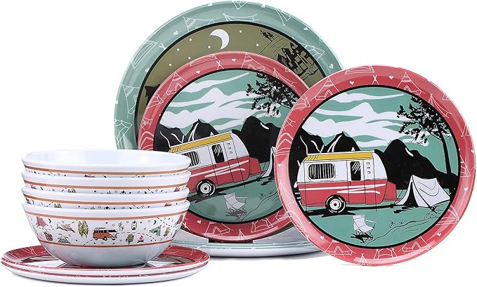 Melamine Dinnerware Sets 12pcs Plates and Bowls Sets Service for 4 Indoor and Outdoor use Dish Set break-resistant (red car)