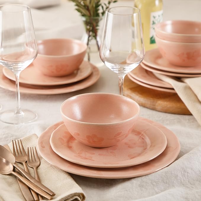 Bloomhouse - 2 Time Oprah's Favorite Things - Made in Portugal Hand Painted Dinnerware Set - Porto Petals 12 Piece (Service for 4) Floral Plates and Bowls Set - Blush Pink