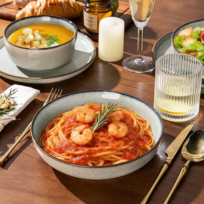 GBHOME 24 Pieces Double Bowls Ceramic Dinnerware Sets for 6 Stoneware Plates and Bowls Set with Reactive Glaze Scratch Resistant Stoneware Dishes Set Dishwasher &amp Microwave Safe