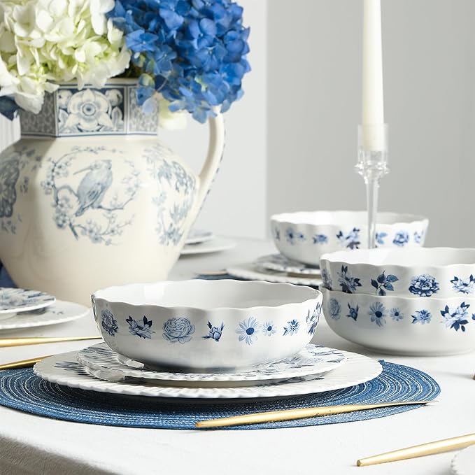 Stone Lain Fiore 4-Piece Bowl Set New Bone China Blue