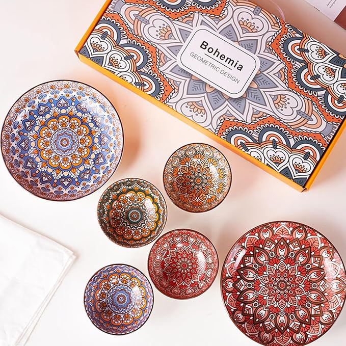 Bohemian Ceramic Dinnerware Set 4 Soup Bowls 2 Plates Dishwasher and Microwave Safe Ideal for Salad Pasta Rice Oatmeal and Fruits Perfect Kitchen Essentials Bohemian Style Dinnerware