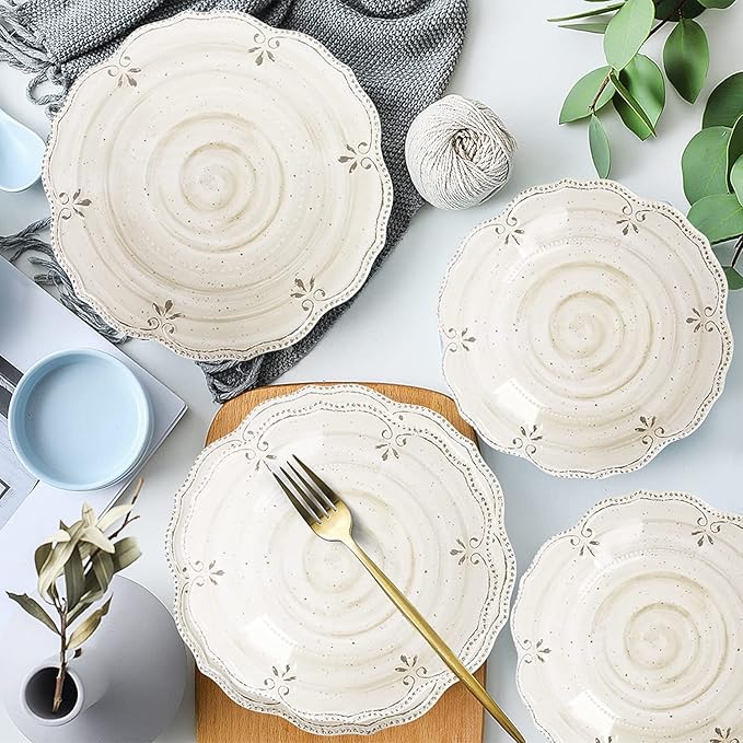 Dinnerware Sets 12 pcs Plates and Bowls Sets Melamine Plates Indoor and Outdoor use French Court Style Dish Set Plate Set for 4 Dishwasher Safe（White）