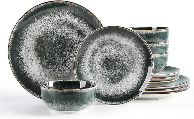 Sweejar Dinnerware Sets Service for 4 12 pcs Porcelain Plates and Bowls for Kitchen Housewaring Gift Chip and Scratch Resistant Dish Set Handmade Dishwasher and Microwave Safe Plate Set DarkGray
