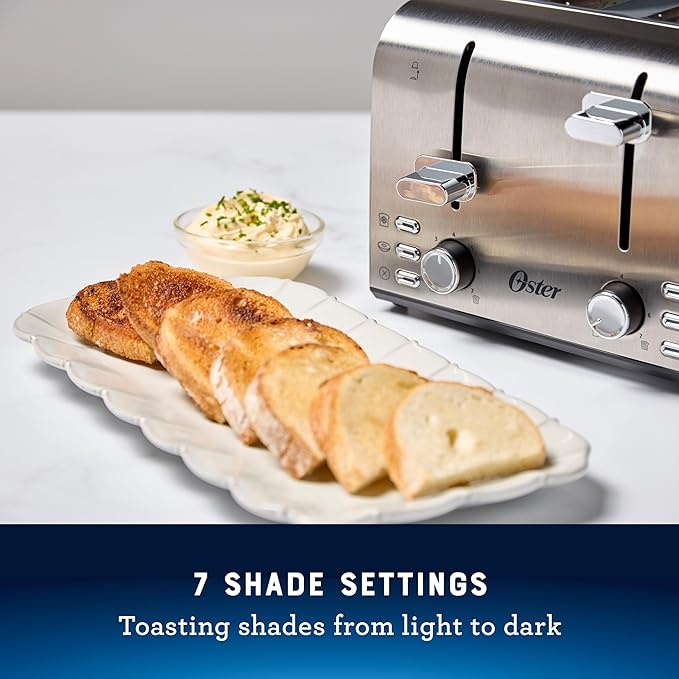 Oster 4 Slice Toaster With 7 Browning Settings Extra Wide Slots For Bagels and Special Breads Removable Easy-to-Clean Crumb Tray Cancel/Defrost/Bagel Stainless Steel