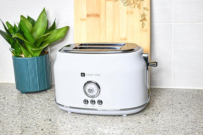Frigidaire ETO102-WHITE 2 Slice Toaster Retro Style Wide Slot for Bread English Muffins Croissants and Bagels 5 Adjustable Toast Settings Cancel and Defrost 900w White