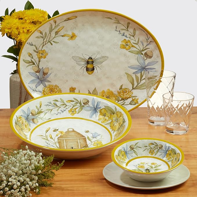 Certified International Bee Sweet 12-Piece Melamine Dinnerware Set Service for 4 Bee &amp Floral Plates and Bowls Durable Shatterproof Outdoor Tableware for Spring &amp Summer Entertaining
