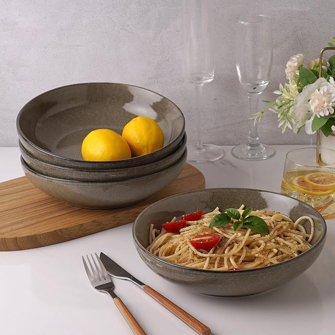 famiware Tempus 22 Pieces Dinnerware Sets Plates and Bowls Set for 6 40 oz Pasta Bowls for Serving - Dark Olive