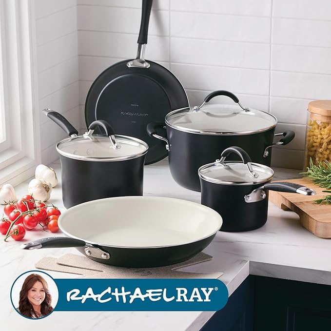 Rachael Ray Cucina Ceramic Nonstick Pots and Pans Set with Saucepans Frying Pans Stockpot Lids and Pan Protectors 10 Piece Non Stick Cookware Set Dishwasher Safe - Peppercorn