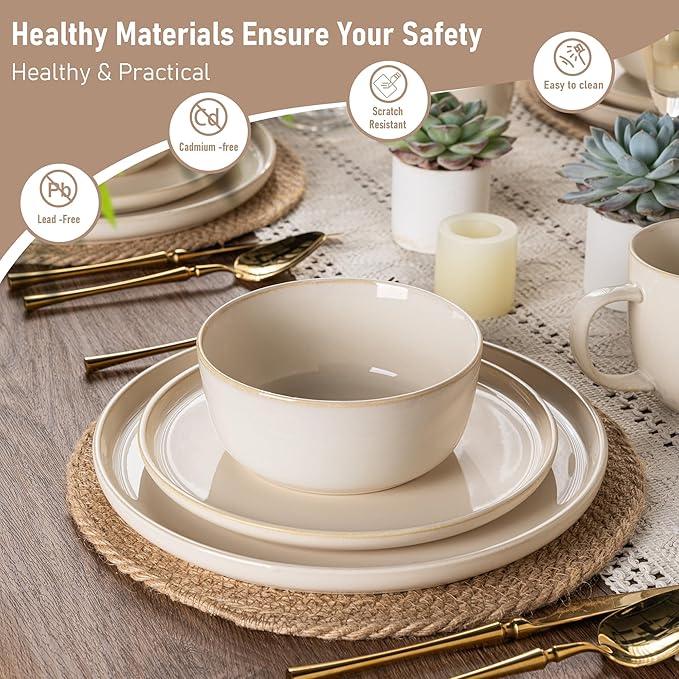 GBHOME Dinnerware Sets for 4 12 Pieces Stoneware Plates and Bowls Sets Scratch Resistant Dishes Dishwasher &amp Microwave Safe Reactive Glaze-Vanilla color