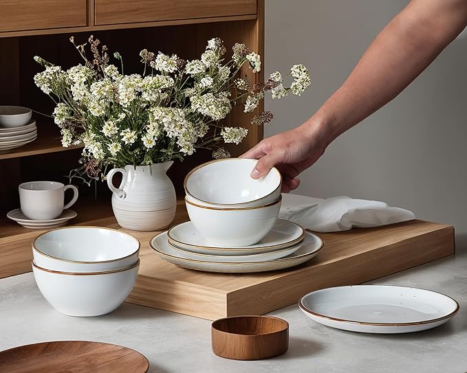 ONEMORE Plates and Bowls Set Dinnerware Sets for 4 Porcelain Kitchen Dishes Set 12pcs Scratch Resistant Modern Aesthetic Dishware Sets- Microwave &amp Dishwasher Oven SafeFarmhouse Style Cream W